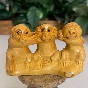 Vintage Boxwood Monkey Netsuke Animal Figurine Hear See Speak No Evil Wood 2.7"